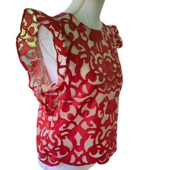 ENDLESS ROSE Red and Nude Flutter Sleeve Top - Picture 3 of 4